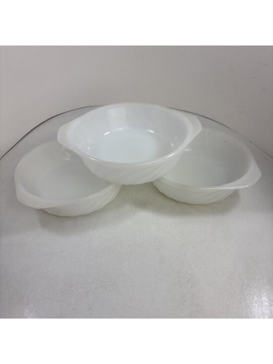 Anchor Hocking Other - 3 Vtg Anchor Hocking Fire King Casserole Single Dishes Swirl Milk White Glass
